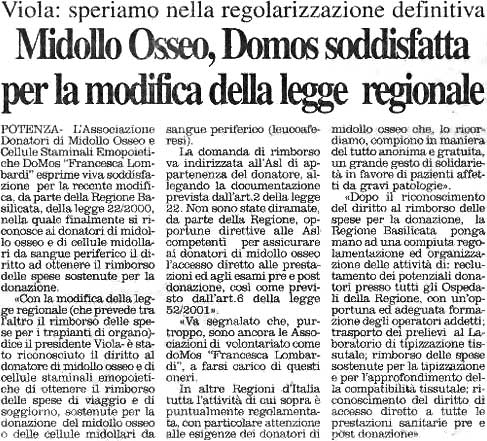 Midollo osseo, doMos soddisfatta per la modifica della legge regionale
